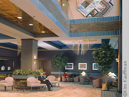Interior architectural photo of hotel lobby